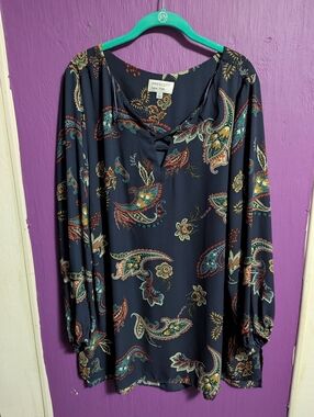💜 Prescott New York Navy Boho Colorful Paisley Log Sleeve Tunic Blouse 3X 24